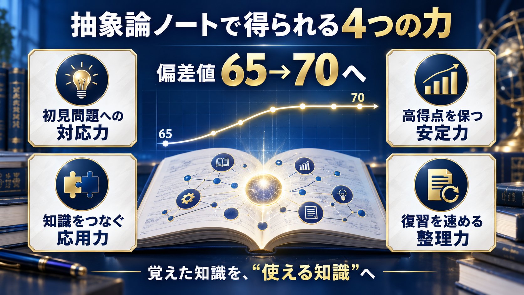 抽象論ノートで得られる4つの力：初見問題への対応力、知識をつなぐ応用力、高得点を保つ安定力、復習を速める整理力。覚えた知識を使える知識へ、偏差値65から70へ