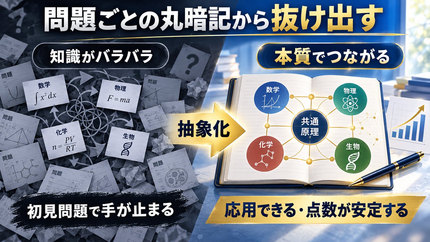 問題ごとの丸暗記から抜け出す。知識がバラバラな状態から、抽象化によって数学・物理・化学・生物が本質でつながり、応用できる・点数が安定する状態へ