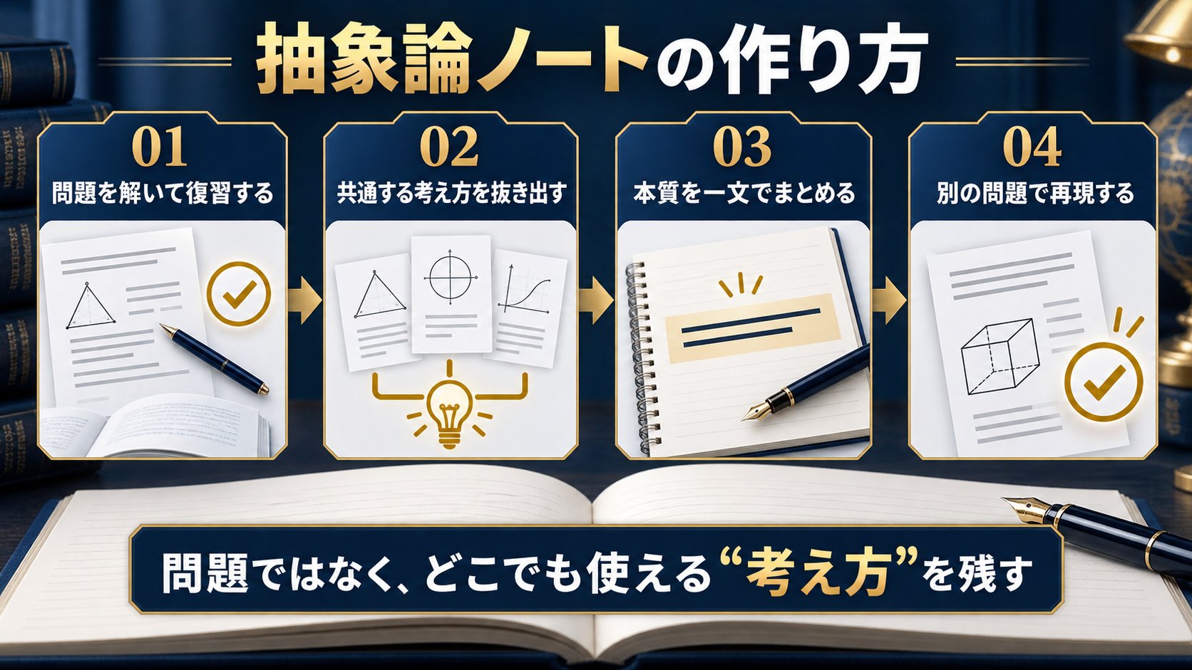 抽象論ノートの作り方：01問題を解いて復習する、02共通する考え方を抜き出す、03本質を一文でまとめる、04別の問題で再現する。問題ではなく、どこでも使える考え方を残す