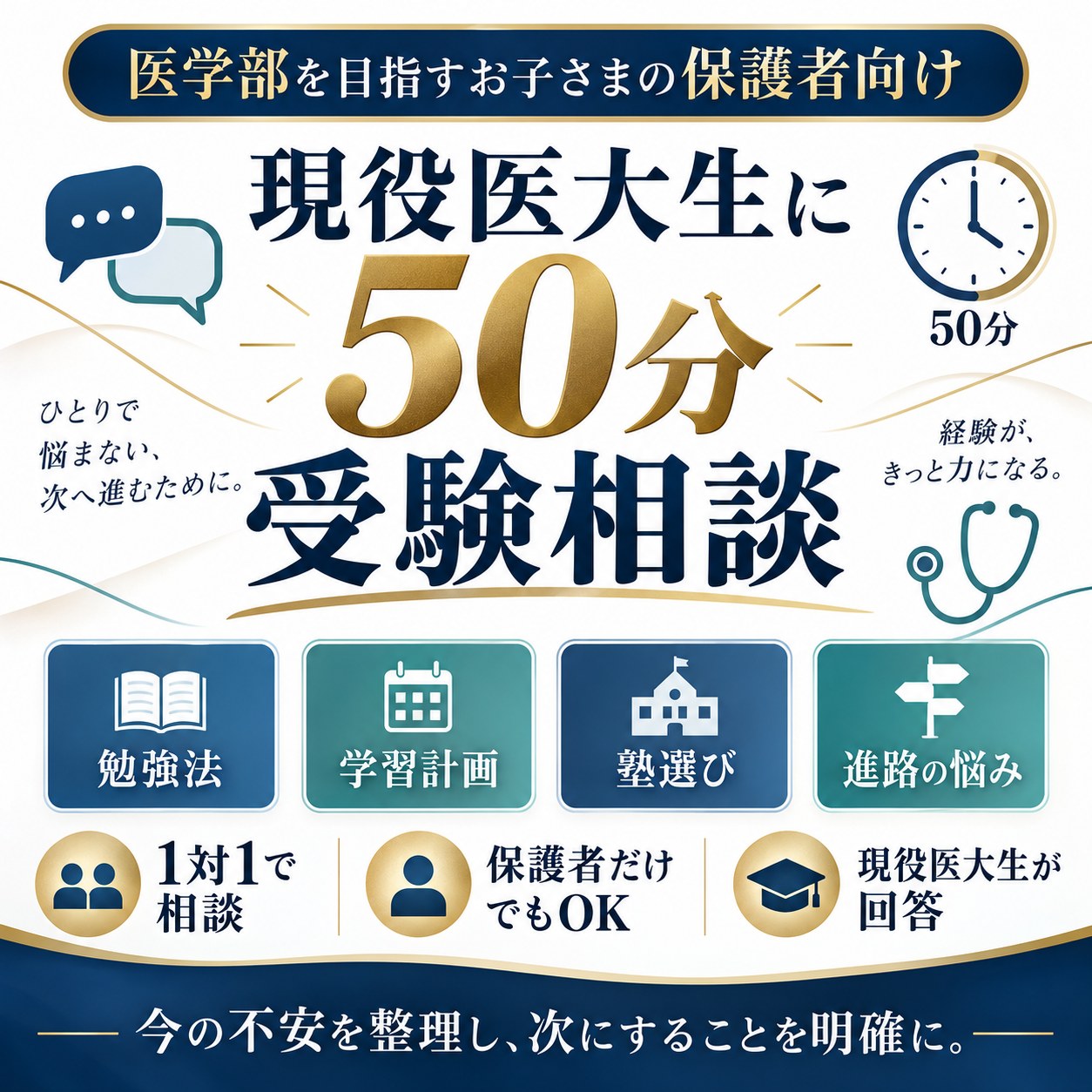 医学部を目指すお子さまの保護者向け、現役医大生に50分受験相談。勉強法・学習計画・塾選び・進路の悩みに対応。1対1で相談、保護者だけでもOK、現役医大生が回答