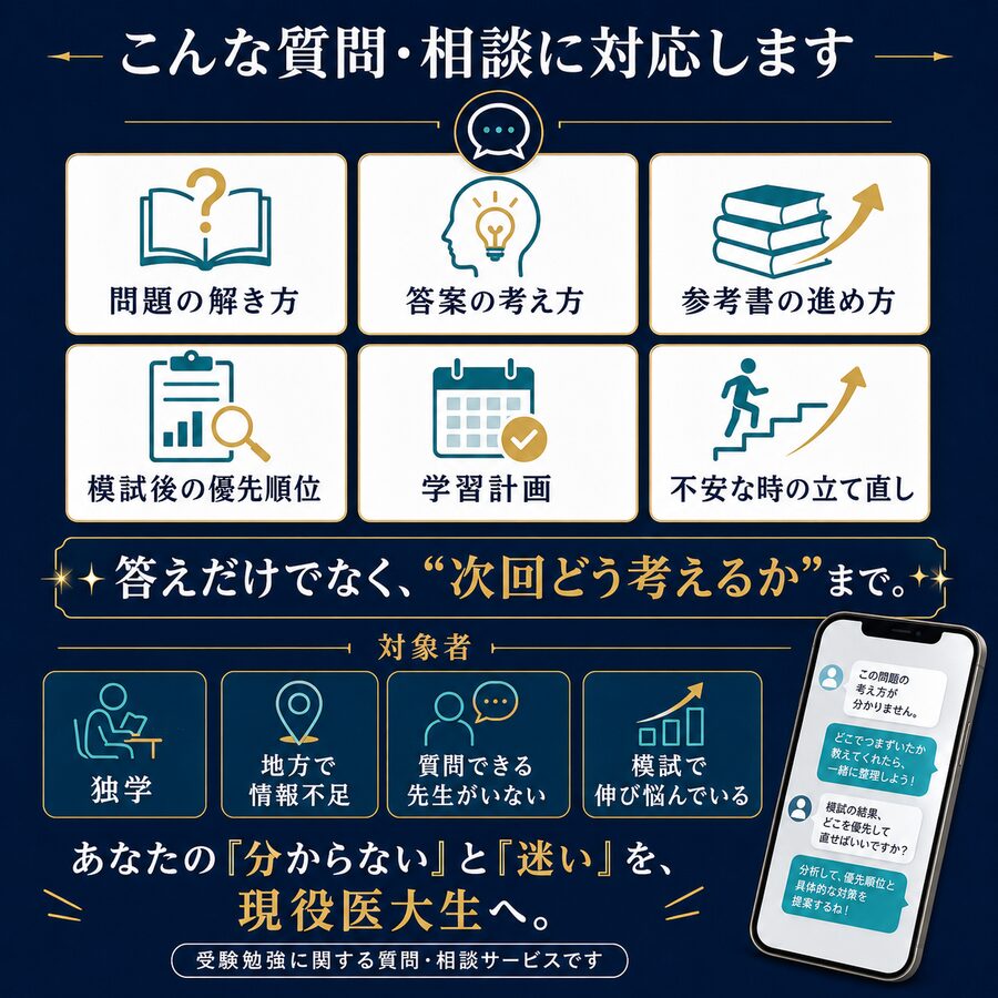 対応する質問・相談の例：問題の解き方、答案の考え方、参考書の進め方、模試後の優先順位、学習計画、不安な時の立て直し。独学・地方で情報不足・質問できる先生がいない・模試で伸び悩んでいる方向け