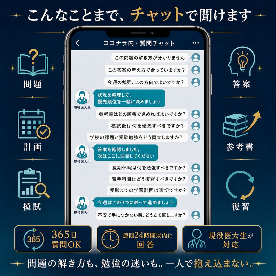LINEでの質問チャットの実例。質問を送る→現役医大生が確認→原則24時間以内に回答→迷わず学習を再開、の4ステップ